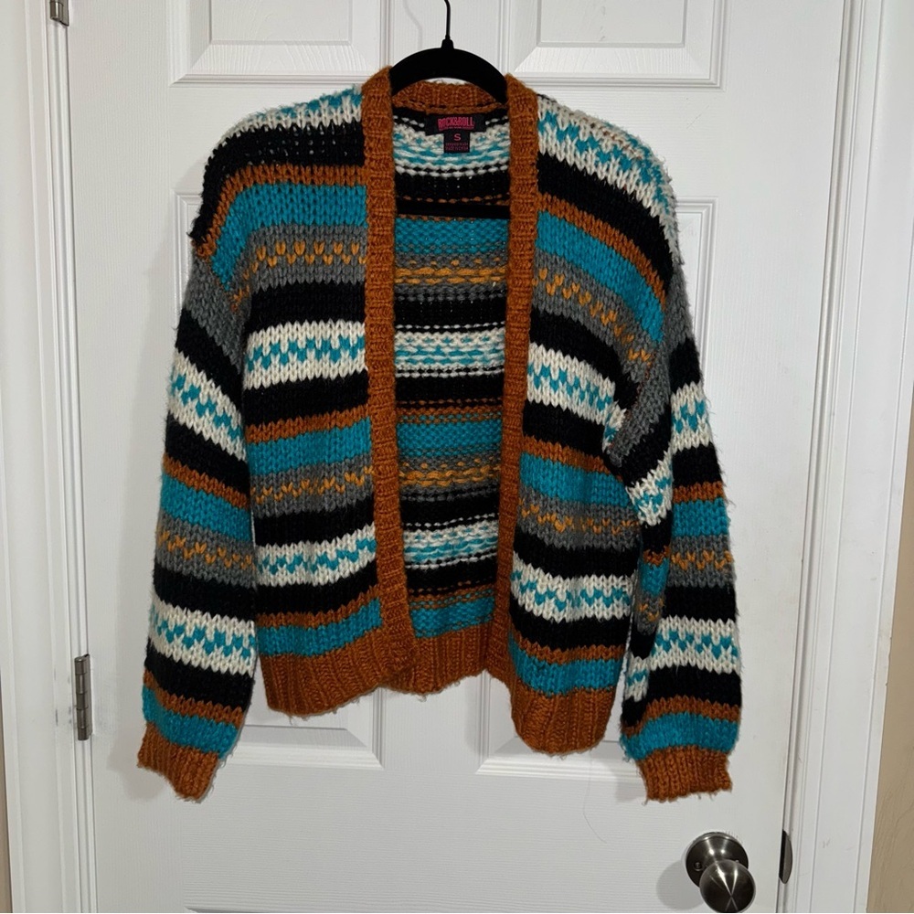 Rock and‎ Roll Denim Womens Striped Chunky Knit Cardigan Sweater Multi Color S